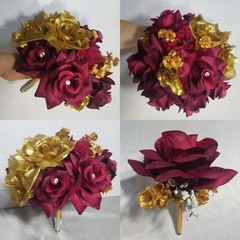 Burgundy Gold Rose Hydrangea Bridal Wedding Bouquet Accessories