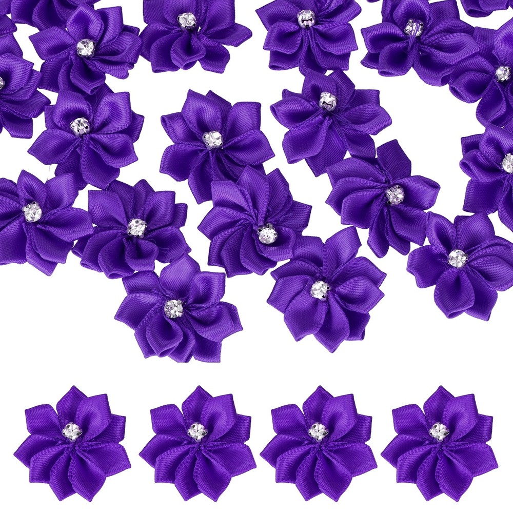 100Pcs Ribbon Flowers 1.2″ Fabric Flowers with Rhinestones Deep Purple