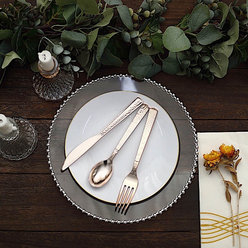 ROSE GOLD 24 Hammered Design 7″ Plastic CUTLERY Spoons Forks Knives Set Party