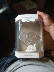 Wilton Double Heart Cake Topper Chrome & White w / Faux Crystals 5″ T x 6″ W.