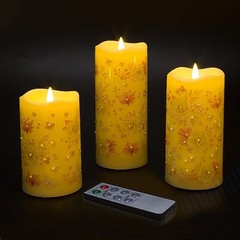 Fiber Optic Flameless Candles with Remote, Pink Floral Φ 3″ x H 5″ 6″ 7″