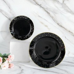 10 Round 10″ Black Plastic Dinner Plates with Gold Dotted Rim Party Catering