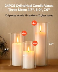VEVOR 24 Pcs Pillar Candles with Glass Cylinder Vases Set 2.6″x4.7″/5.9″/7.9″