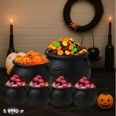 PMU 6pc Halloween Cauldron Pot Kettle Set: 8″, 6″, 4x 3″ Black Plastic Decor