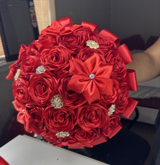 Red Artificial Rose Flower Bouquet, Satin Ribbon & Rhinestone Accents, 8×8″