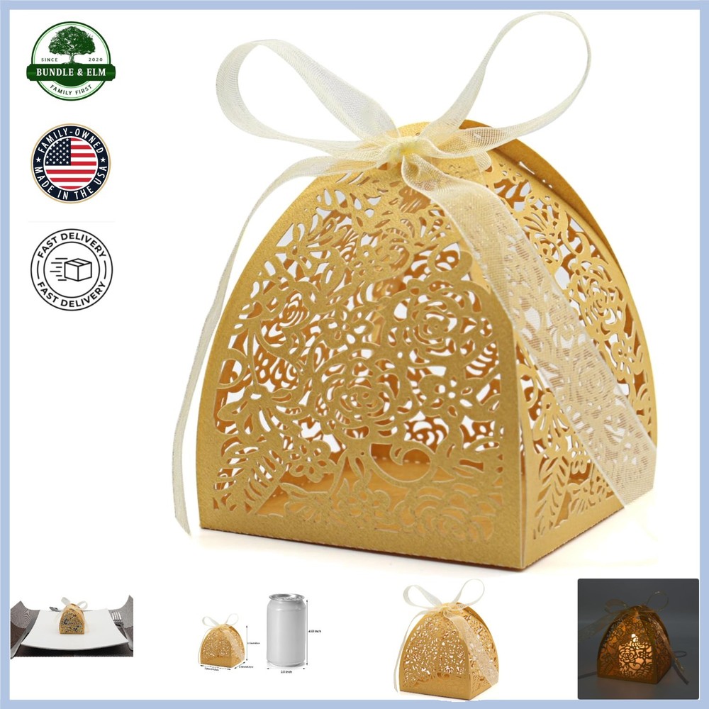 Gold Laser Cut Candy Boxes with Ribbons for Birthdays and Bridal Showers