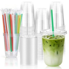 Set of 100 16oz Clear Plastic Cups—Colorful Straws—16 Fluid Ounces