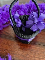 BLACK & PURPLE RING BEARER PILLOW & FLOWER GIRL BASKET w/ 2 PURPLE FEATHER BOAS