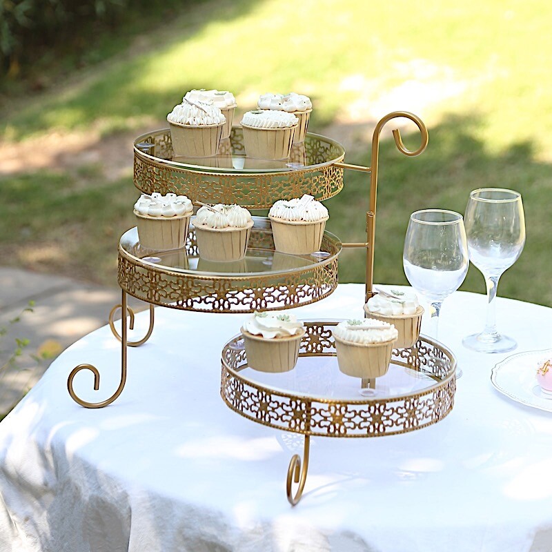 GOLD CLEAR 28″ Round 3-Tier Metal Rotating CUPCAKE STAND Acrylic Plates Party