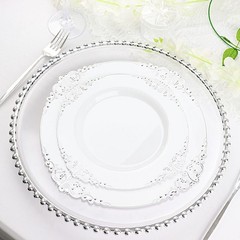 10 WHITE SILVER 8″ Round Plastic Salad Dinner PLATES Embossed Baroque Rim Party
