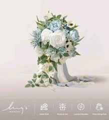 Ling’s Moment Dusty Blue Bridal Bouquet Cascading Wedding 15” Artificial Flowers