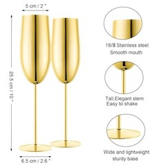 Stainless Steel Champagne Flutes Set of 2-Unbreakable Metal Long Stem Gold