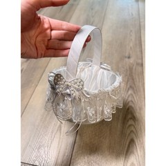 Vintage White Satin Lace Flower Girl Basket Faux Pearl Rhinestone Bow Wedding