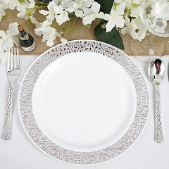 WHITE Silver Rim 10″ Plastic PLATES Disposable Elegant Wedding Birthday Party