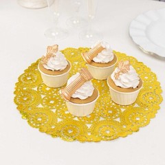 50 GOLD Round Disposable Metallic Lace Design Paper PLACEMATS Party Tableware