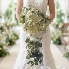 10″ White Rose Cascading Bridal Bouquet – Artificial Silk Wedding Flowers, Boho