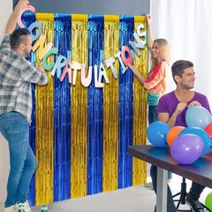 6 Pack 3.3Ft x 6.6Ft Graduation Foil Fringe Curtain Backdrop Decorations, Blu…