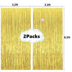 2 Pcs 3.2ft x 8.2ft Shiny Gold Metallic Tinsel Foil Fringe Curtains Photo Boo…
