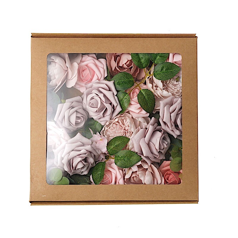 Pink Coral Foam Roses Peonies Assorted Silk Florals Artificial Flowers Box Party