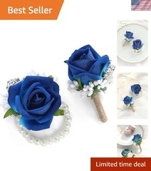 Classic Royal Blue Wrist Corsage with Elegant Boutonniere – Perfect for Weddings