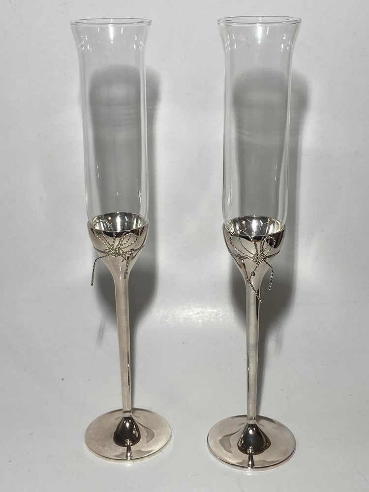Vera Wang Love Knots Wedgwood Toasting Champagne Flutes Silver Love Knots Bows