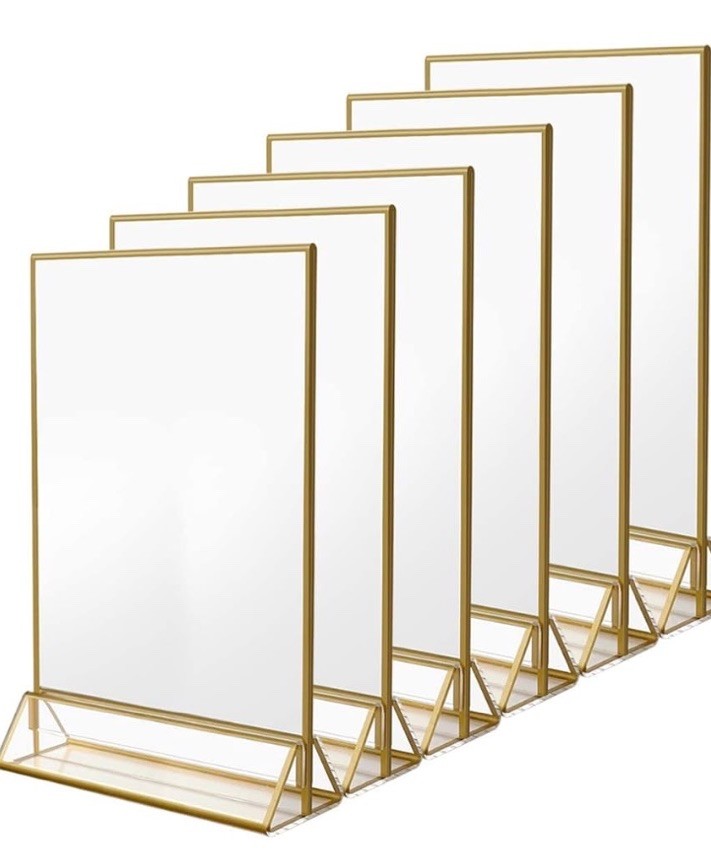 6-pack Acrylic Wedding Sign Holders, Gold Border Horizontal/Vertical Stand-New
