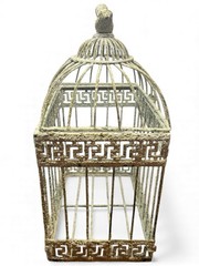 Vintage Ornate Birdcage Distressed White Metal Greek Key Décor with Bird Top