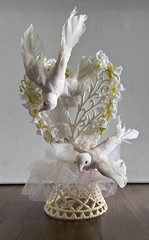Vintage White Doves Heart Tulle Flowers Wedding Rings Cake Topper 11”