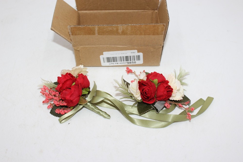 Boho Rustic Wrist Corsage & Boutonniere Red White Green Wedding Prom Roses Pin