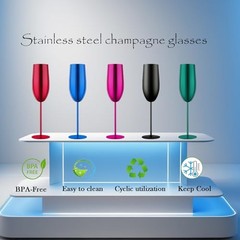 Stainless Steel Champagne Flutes Set of 2-Unbreakable Metal Long Stem Blue