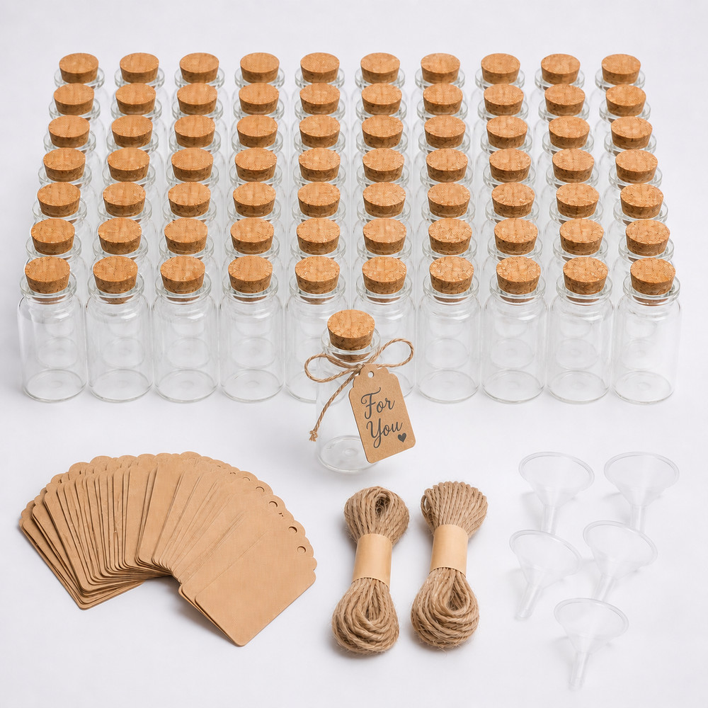 Mini Glass Bottles 10ml Cork Vials Wedding Favors w/ Tags String 100pc Bulk Wish