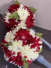 2 Silk Flower Bouquets Red/Ivory/Green w/Rhinestones & Faux Pearls 2 piece set