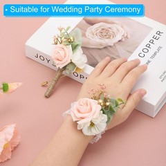 Artificial Rose Flower Wrist Corsage Boutonnieres with Pin Set Light Pink
