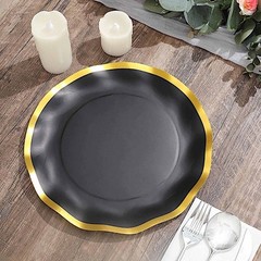 25 Round 10″ Paper Salad Dinner Plates Gold Wavy Rim Party Tableware Decorations