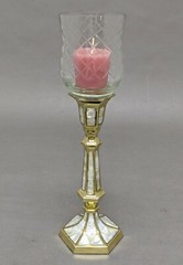 Candle Holder Brass Mother of Pearl Inlay Hexagonal 3″Wide 8″High Set of 2
