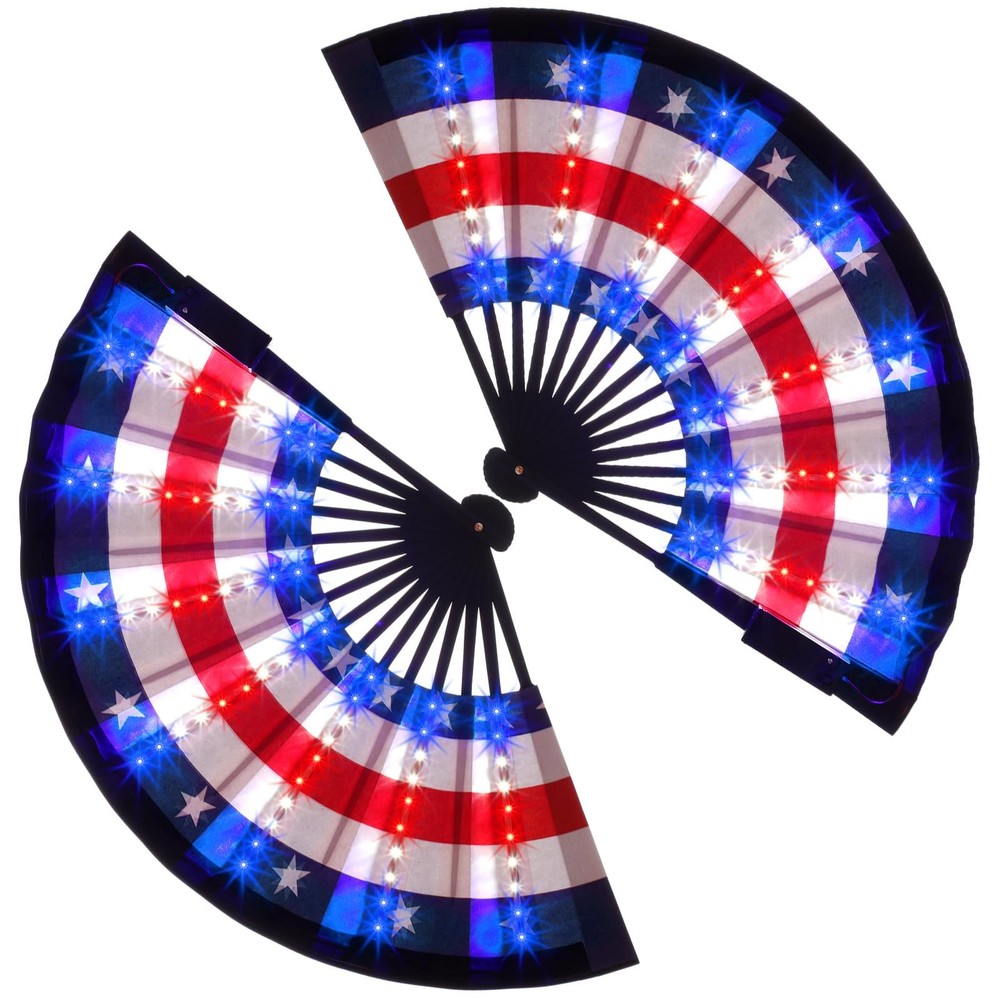 2 Pcs 4th of July Rave Light up Hand Fan Red White Blue Folding LED Patriotic Am