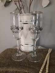 Rawcliffe Bride & Groom Chanpagne Flutes Pewter Doves Flowers Ribbons Gold Gild