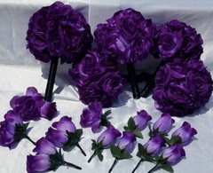 17 Pc. Wedding Bouquet Package, Purple Roses, Purple & Black Wedding Bouquet Set