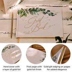 Gold Foil Greenery Wedding Guest Book 7 x 9 inches, Pen & Table Sign Included…