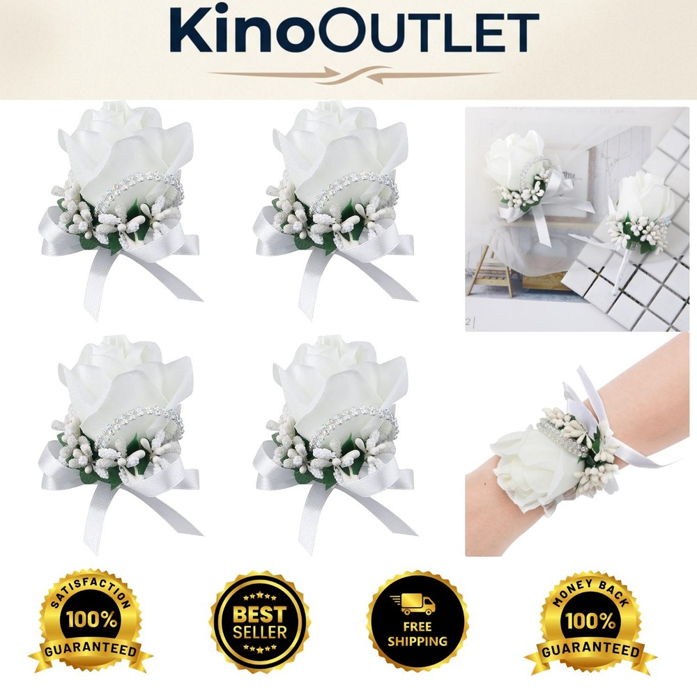 Handmade White Wedding Wrist Corsages – Luxurious 4-Pack for Special Occasions