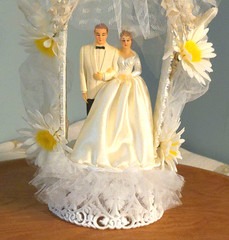 Bride & Groom Wedding Cake Topper Arch Birds Daisies Plastic Fabric Tulle 11″…