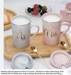 Marbled Ceramic Couple Mugs Set Pink Gray Wedding Gift with Spoons