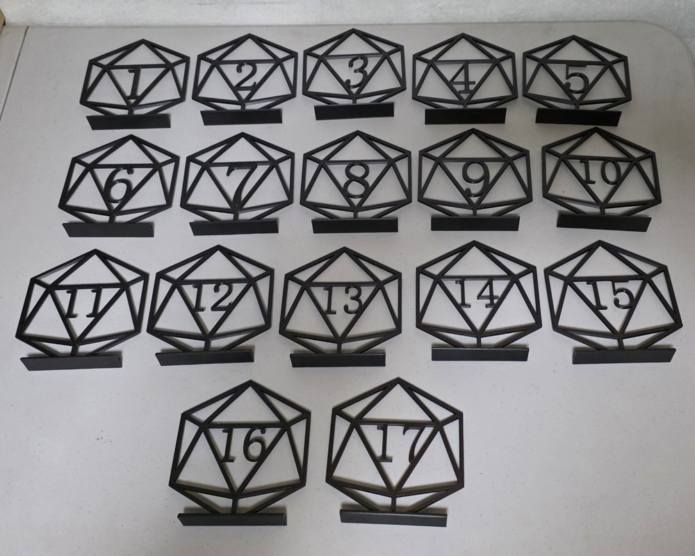 Wedding Table Numbers 1-17 3D Printed Black Dice D20 Shapped