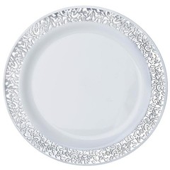 WHITE Silver Rim 10″ Plastic PLATES Disposable Elegant Wedding Birthday Party