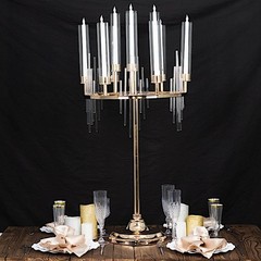 40″ Gold Clear 9 Arm Metal Candelabra Taper Candle Holder Glass Shades Party