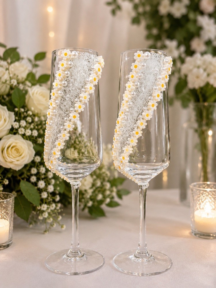 Decorated Champagne Flutes Set of 2 Clear Glass White/Yellow Floral 5 oz