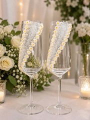 Decorated Champagne Flutes Set of 2 Clear Glass White/Yellow Floral 5 oz
