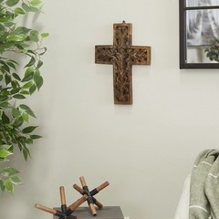 Deco 79 Mango Wood Biblical Carved Cross Wall Decor, 9″ x 1″ x 12″, Brown