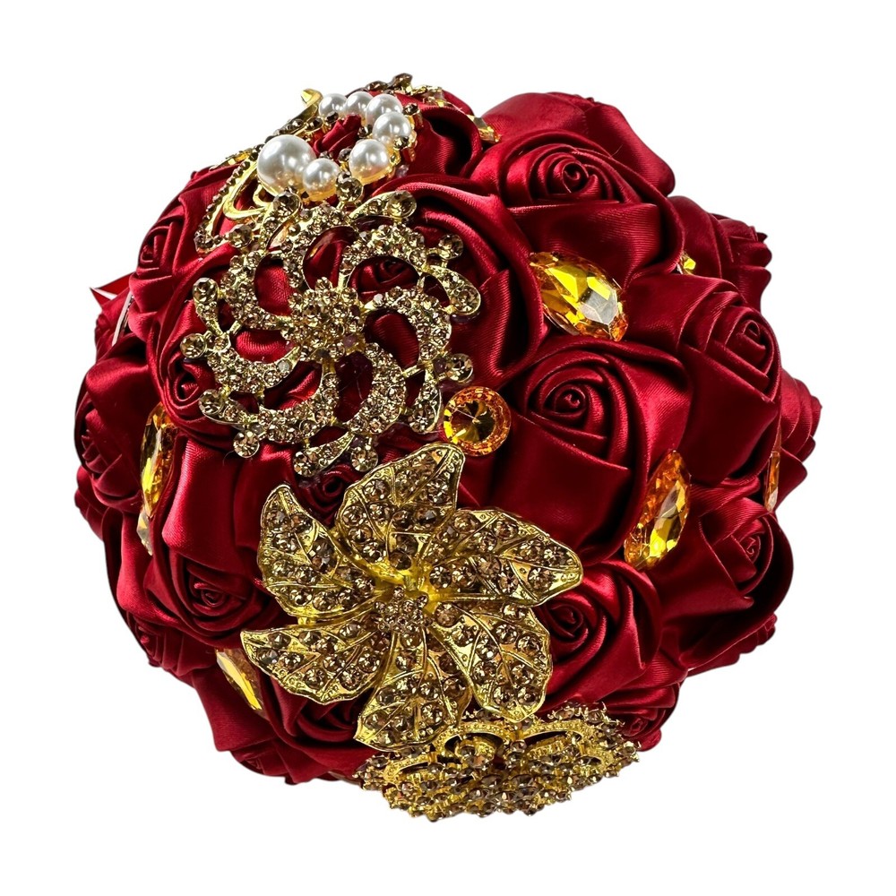 Luxury Red / gold accent Bridal Wedding Bouquet Satin Rose Rhinestone