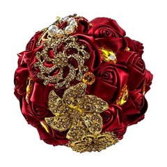 Luxury Red / gold accent Bridal Wedding Bouquet Satin Rose Rhinestone